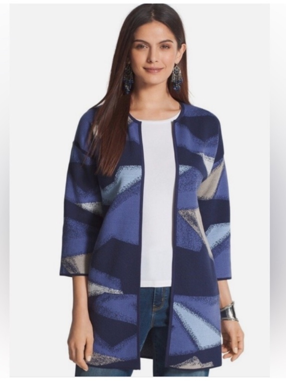 CHICO’S PAINTED PATTERN PAM CARDIGAN SWEATER 3/4 SLV PATT BLUE COMBO ABSTRACT L